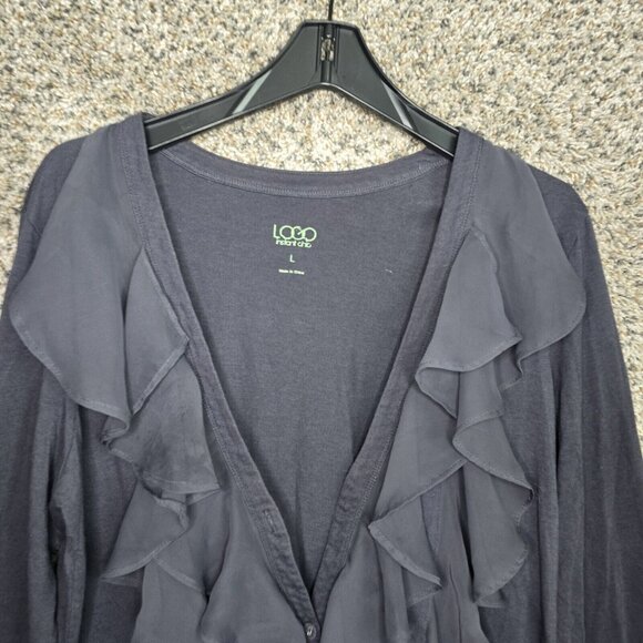 LOGO Lori Goldstein Cardigan Womens Large Gray Instant Chic Button Ruffle Pocket - Picture 4 of 8